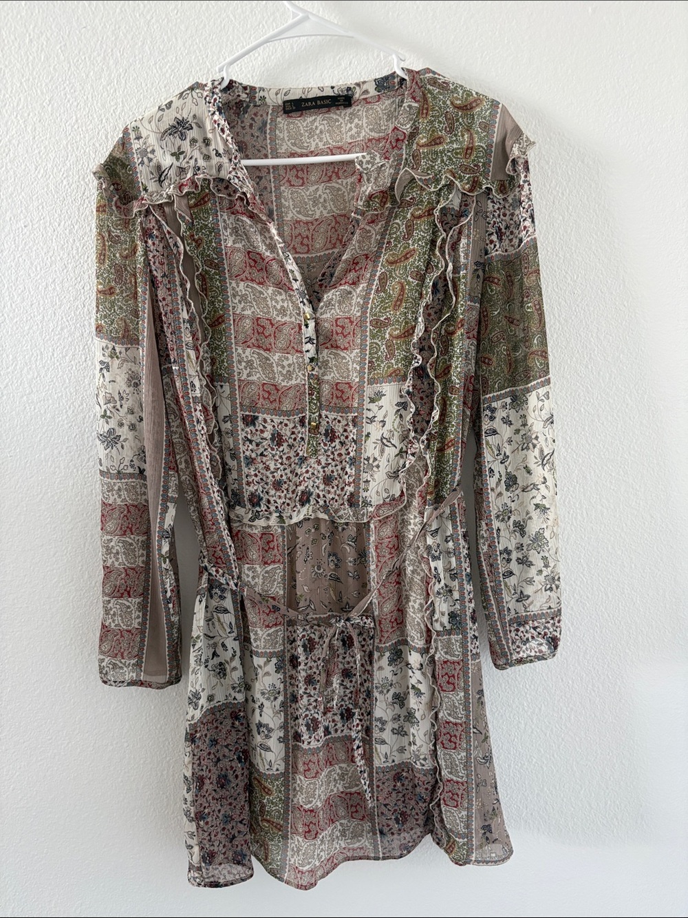 Zara Patchwork Ruffle Long Sleeve Dress - Green, Tan, Cream